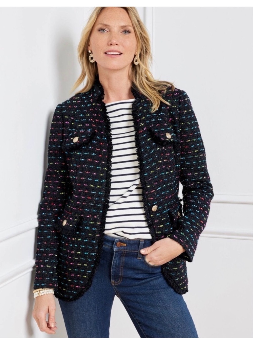 Talbots Dark Navy Tweed Jacket with Multicolor Speckle EUC